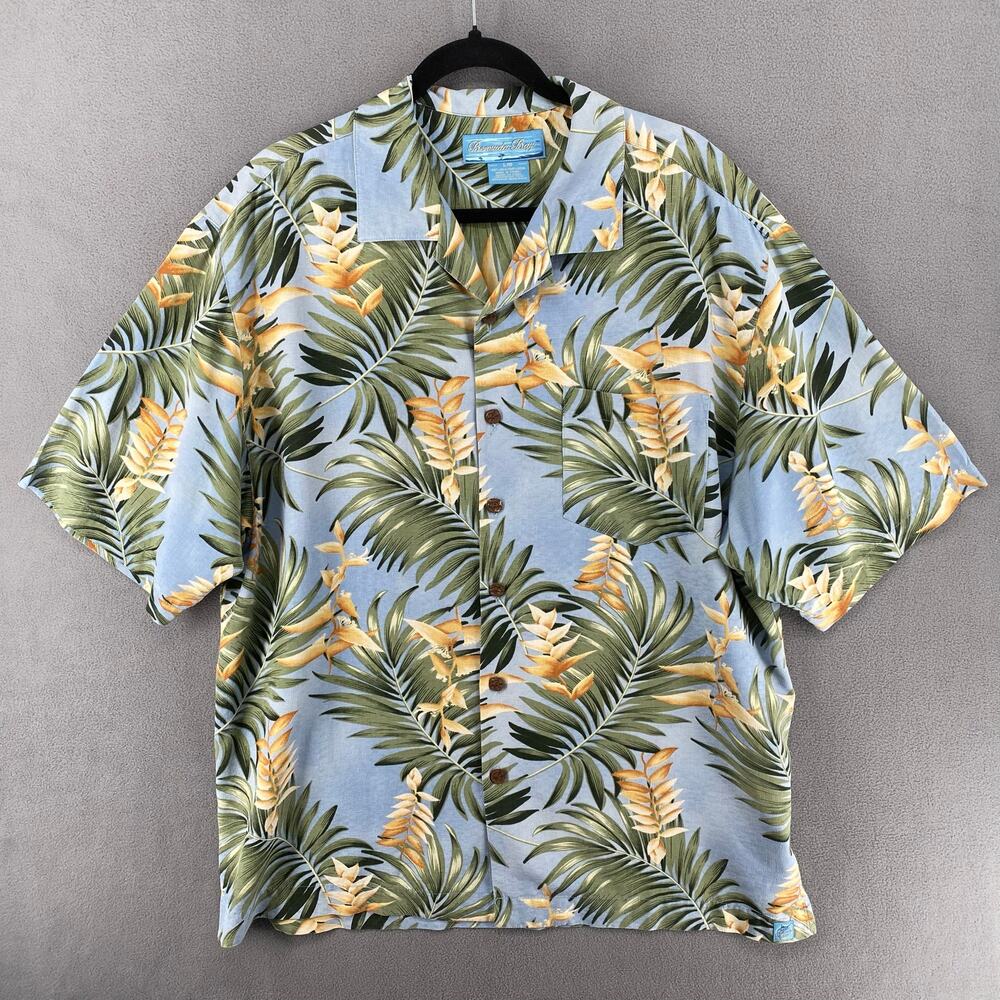 Bermuda Bay 100% Silk Hawaiian Shirt Mens L Blue Floral Tropical Palms‎